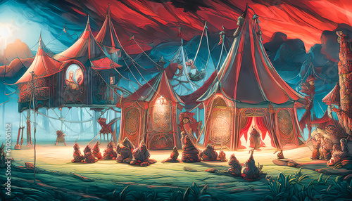 A Haunting and Colorful Atmosphere of a Grand Traveling Circus. Fear and Surrealism. Tents. Possession. Generative AI.