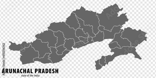 Blank map State Arunachal Pradesh of India. High quality map Arunachal Pradesh with municipalities on transparent background for your web site design, logo, app, UI. Republic of India. EPS10
