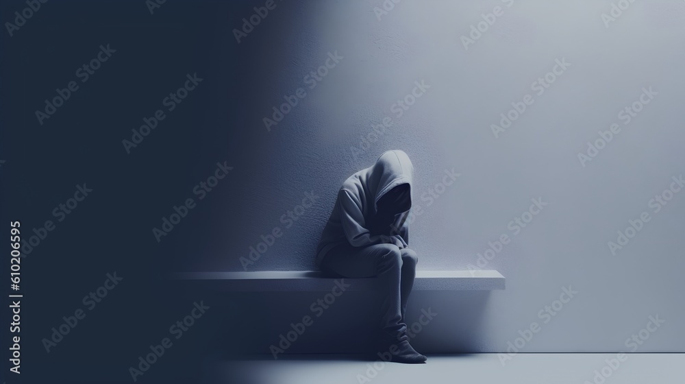 Concept of depression and mental health issues, depicting a person appearing sad and slumped, symbolizing their personal inner struggle, emotional pain and isolation. Generative AI - obrazy, fototapety, plakaty 
