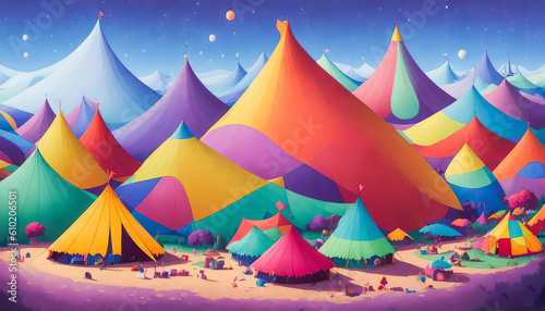 A Joyful and Colorful Atmosphere of a Grand Traveling Circus. Fairy Tale Characters. Tents. Children s Delight. Generative AI