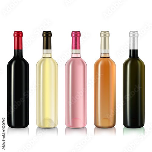 Wine bottle mockup set, isolated on white background.