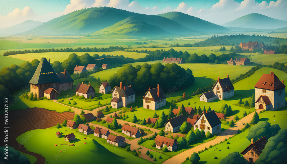 A Beautiful Painting of a Medieval Village Surrounded by Forests, Valleys, and Highlands. Wooden Cottages. Silence and Tranquility. Spring or Summer. Fairy-tale Atmosphere. Cartoon. Generative AI A Beautiful Painting of a Medieval Village Surrounded by Forests, Valleys, and Highlands. Wooden Cottages. Silence and Tranquility. Spring or Summer. Fairy-tale Atmosphere. Cartoon. Generative AI