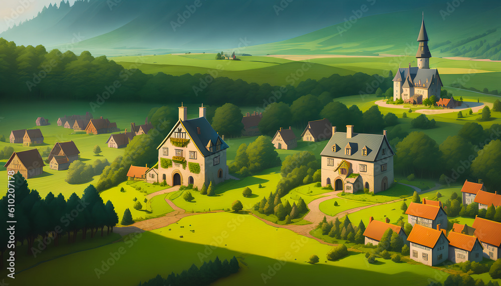 A Beautiful Painting of a Medieval Village Surrounded by Forests, Valleys, and Highlands. Wooden Cottages. Silence and Tranquility. Spring or Summer. Fairy-tale Atmosphere. Cartoon. Generative AI