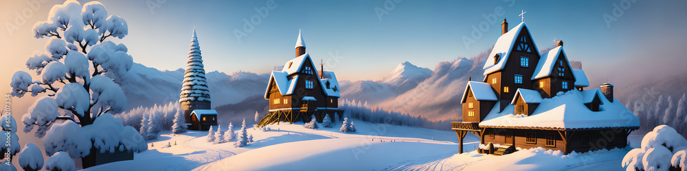 A Beautiful Morning in a Winter Village. Wooden Cottages. Silence and Tranquility. Snow. Fairy-tale Atmosphere. Cartoon. Generative A