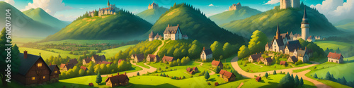 A Beautiful Painting of a Medieval Village Surrounded by Forests, Valleys, and Highlands. Wooden Cottages. Silence and Tranquility. Spring or Summer. Fairy-tale Atmosphere. Cartoon. Generative AI