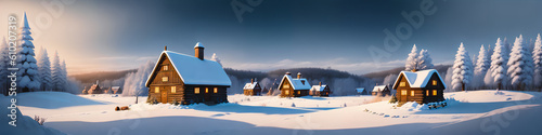 A Beautiful Morning in a Winter Village. Wooden Cottages. Silence and Tranquility. Snow. Fairy-tale Atmosphere. Cartoon. Generative A