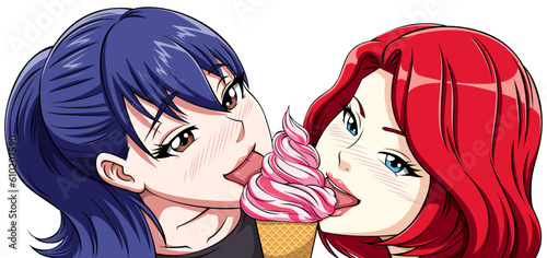 Manga Girls Eating Ice Cream on White