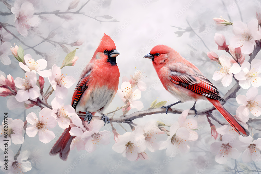 Pair of red birds Northern Cardinals in spring nature. Pastel color style in pink tones - Generative AI
