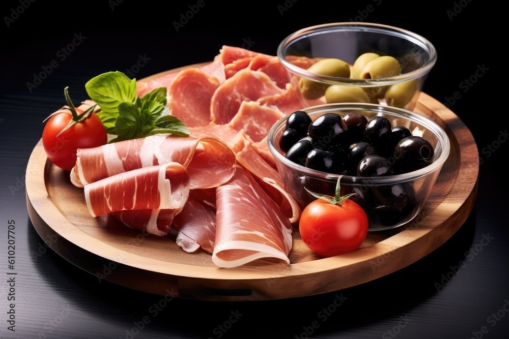 Wooden tray with prosciutto, tomatoes and black olives. Generative AI