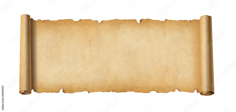 Old paper horizontal banner. Parchment scroll isolated on white