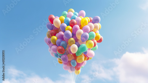 colorful balloons in the blue sky and clouds  3d render   birthday party celebration