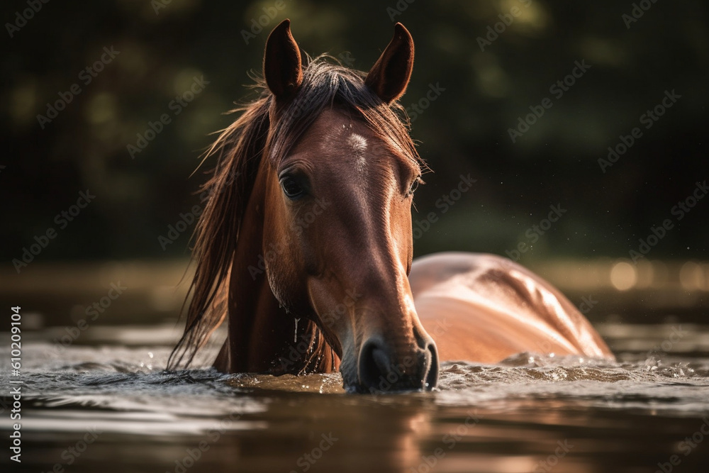 Fototapeta premium the horse is swimming in water