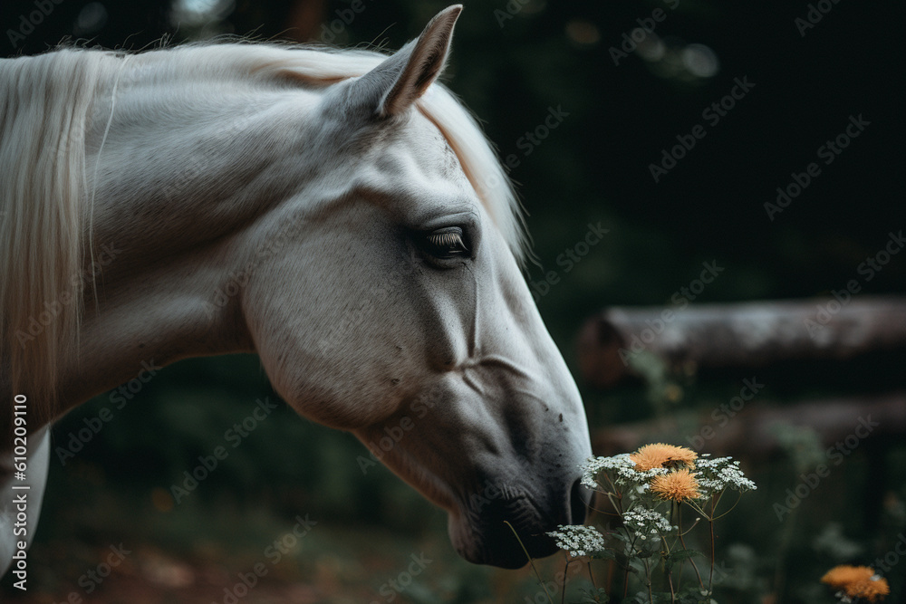 Obraz premium a white horse sniffing a flower in a field