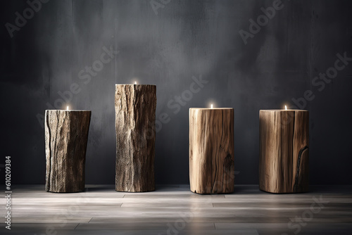 Three wood decoration logs composition, isolated, with copyspace background. Generative AI © JuanM
