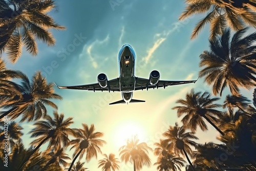 Passenger airplane flying above the tropical palm trees. Bottom view of the aircraft. Generative AI