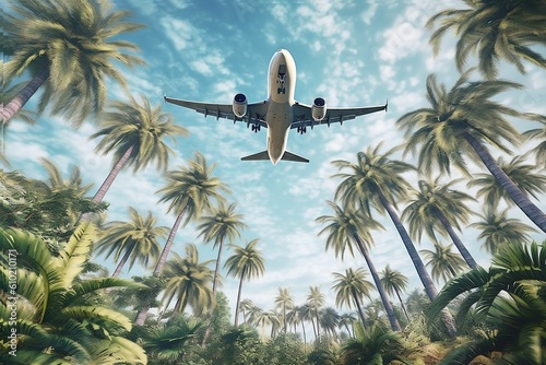 Passenger airplane flying above the tropical palm trees. Bottom view of the aircraft. Generative AI