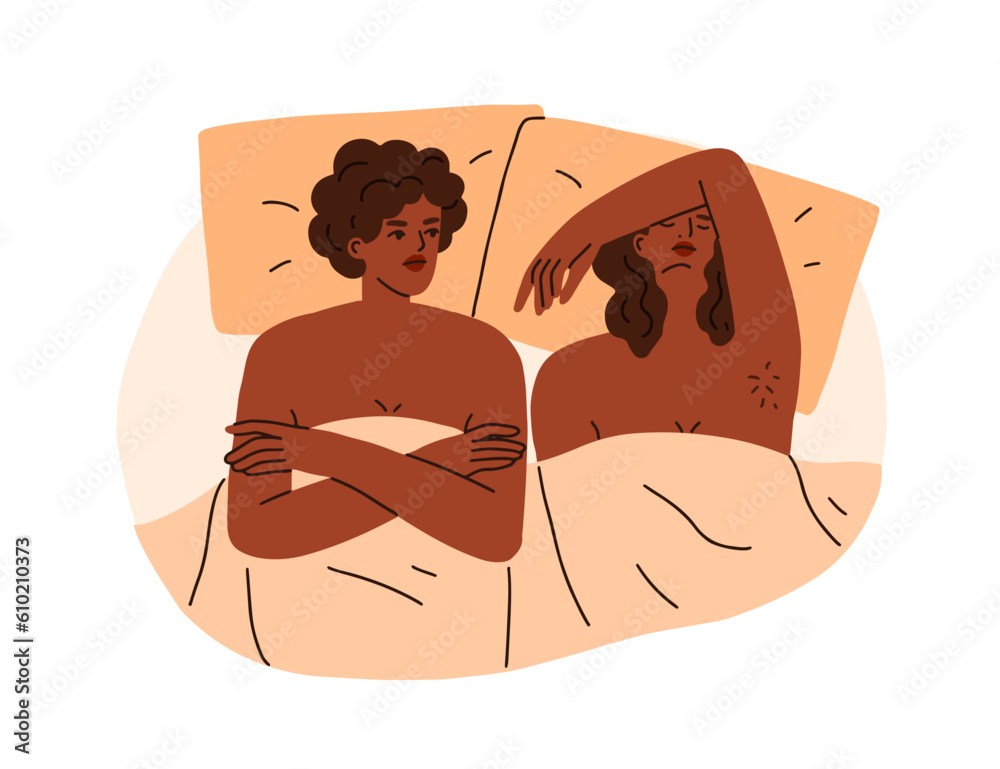 Lesbian women couple in bed. Sex and libido problems, intimacy concept.  Crisis in sexual intimate life, relationship. LGBT girls partners lovers.  Flat vector illustration isolated on white background Stock-Vektorgrafik |  Adobe Stock