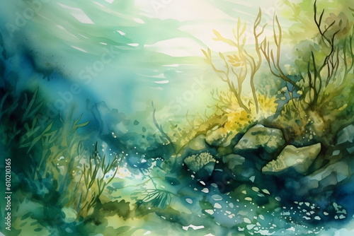 Beautiful underwater watercolour scene with fishes