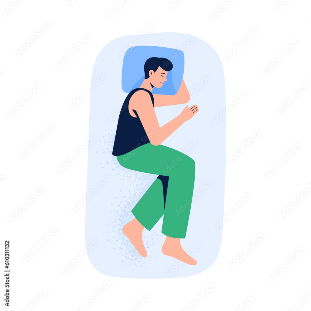 A man lying in a side pose during dream or relax. Top view of night sleeping position. Vector illustration in flat style isolated on white background.