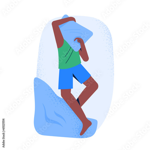 A man sleeps in a back pose with pillow on the face. Top view of night sleeping position. Vector illustration in flat style isolated on white background.