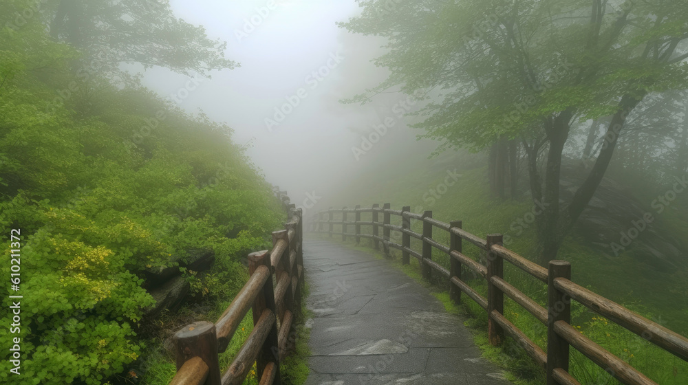 Rainy and foggy day. Wet path leading to the mountains. Generative AI