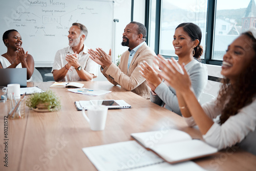 Business people, applause and meeting of audience in presentation or team seminar at the office. Happy group of employees clapping in conference for teamwork, support or motivation at the workplace photo