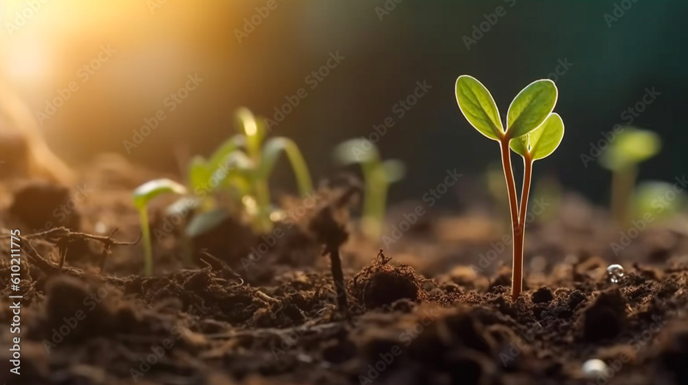 Close up of the seedling are growing from the rich soil, Ecology concept. Generative Ai. Close up of the seedling are growing from the rich soil, Ecology concept. Generative Ai.