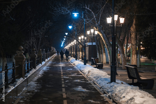 alley with lanterns and benches at night in winter with people