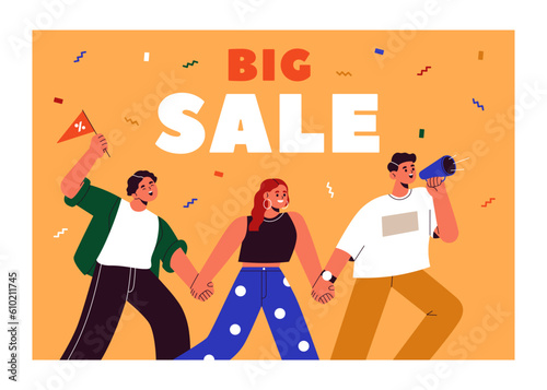 Big sale announcement, discount promotion banner. Happy people with bullhorn, loudspeaker announcing, advertising, promoting discounts in shops. Marketing ad background. Flat vector illustration