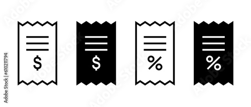 Receipt vector icon set. Bill or invoice symbol. Dollar and percent sign