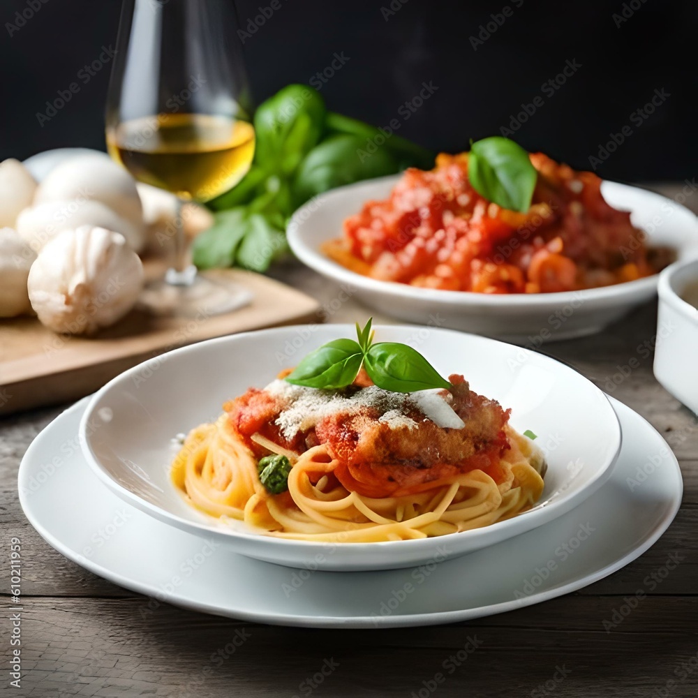 Spaghetti on black plate on wooden background. top view Spaghetti on black plate on wooden background. top view