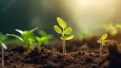 Close up of the seedling are growing from the rich soil, Ecology concept. Generative Ai.