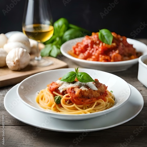 Spaghetti on black plate on wooden background. top view