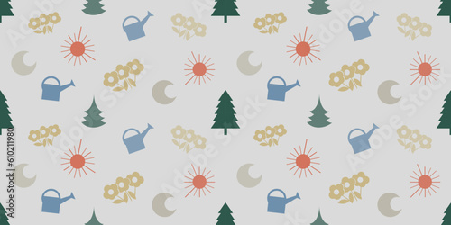 Colorful Seamless Texture of Colorful Flowers,Sun, Trees, Watering Cans and Crescent Moons - Pattern on Gray Wide Scale Background Seasonal Wallpaper Design, Template for Web in Editable Vector Format