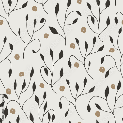 Abstract botanical print in boho style. Modern hand-drawn seamless pattern. Elegant leaves and flowers arranged randomly.Trendy vector design for fabric, textiles, packaging.