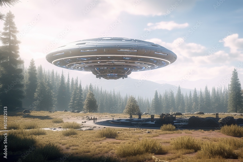 Futuristic UFO flying saucer.Generative Ai Futuristic UFO flying saucer.Generative Ai