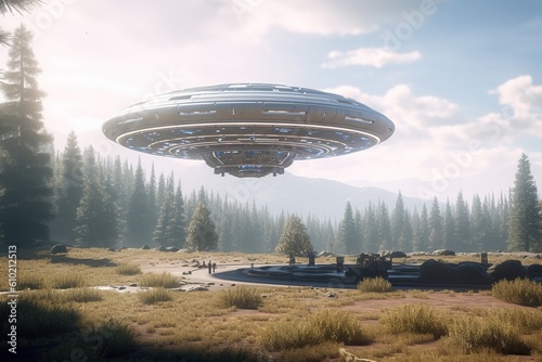 Futuristic UFO flying saucer.Generative Ai