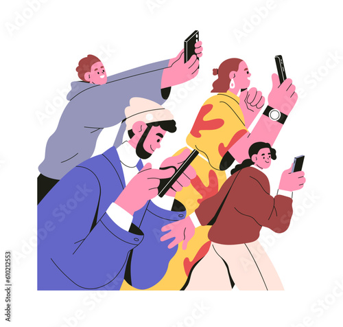 Mobile phone users taking photo, recording videos. Internet addicted people making, sharing content online in social media, network. Flat graphic vector illustration isolated on white background