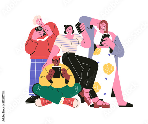 Smartphone users. Internet addiction, virtual communication concept. People using mobile phones, reading online, surfing social media. Flat graphic vector illustration isolated on white background