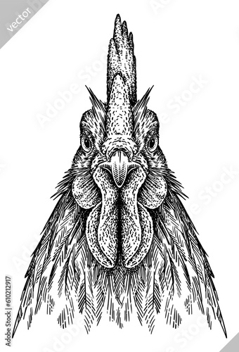 Vintage engraving isolated chicken set illustration rooster ink sketch. Farm fowl background hen bird silhouette cock art. Black and white hand drawn vector image