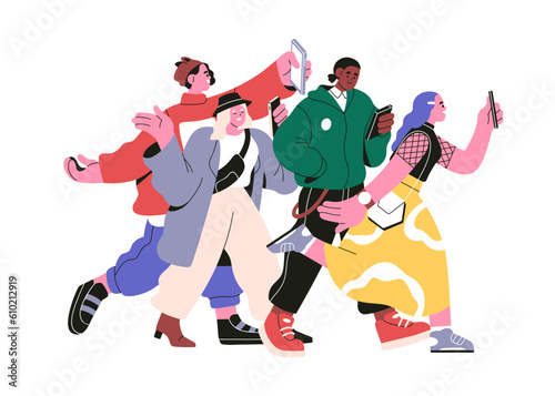 Mobile phone users. People hold smartphones in hands, hurrying to take photo, video content. Online bloggers. Internet addiction concept. Flat graphic vector illustration isolated on white background