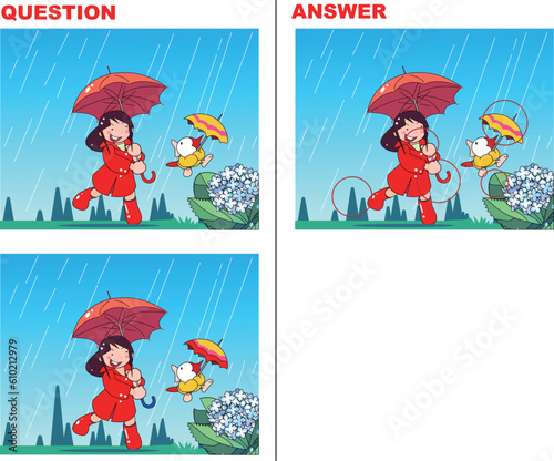 紫陽花の花咲く雨の日に散歩をしているイラストの間違い探しクイズ