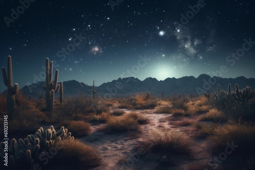 Desert cactus night road. Generate Ai