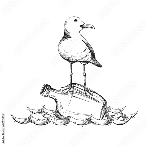 A sea gull on a bottle floats on the waves. Illustration hand-drawn in graphics. EPS vector. Isolated composition on a white background.