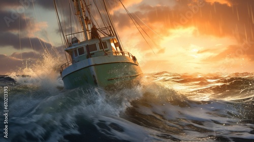fishing boat in storm with big waves. generative ai