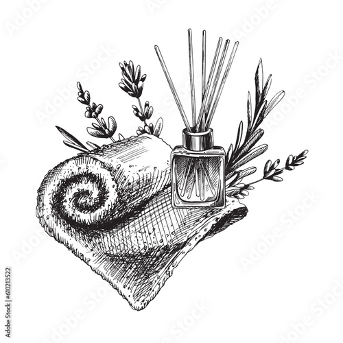 Aroma diffuser, towel with lavender flowers. Hand drawn illustration, EPS graphic vector. Isolated composition on a white background.