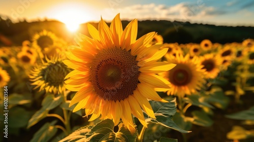 Sonnenblumenfeld mit Fokus auf eine Sonnenblume im Vordergrund, Sonnenuntergang im Hintergrund, Generative AI