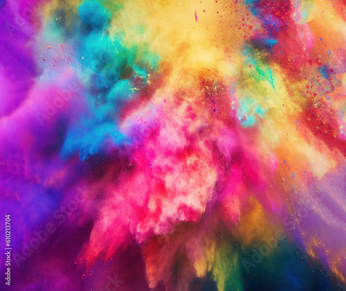 Vibrant Holi Celebration Abstract Frame Background with Acrylic Colors and Ink in Water. Rainbow Supernova or Nebula Image for Lively Backgrounds and Web Banners