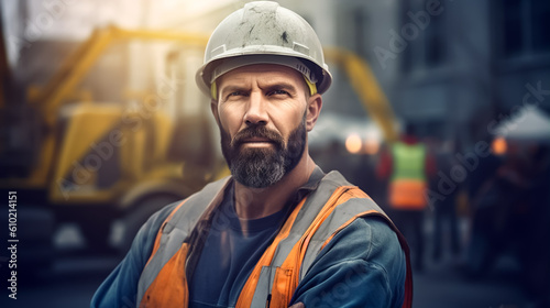 Construction worker wearing a hard hat and a vest. Close up portrait. Male worker in the industry. Shallow field of view. Illustrative Generative AI. Not a real person. © henjon