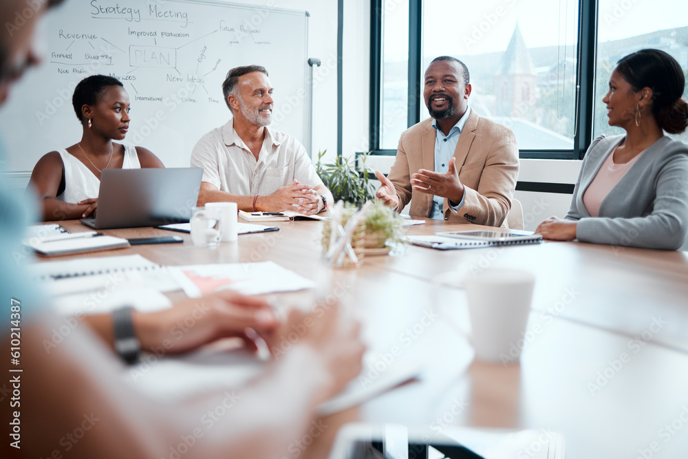 Happy business people, meeting and strategy in planning, team discussion or sharing idea at office. Group of employees in teamwork, collaboration or discussing project plan in conference at workplace